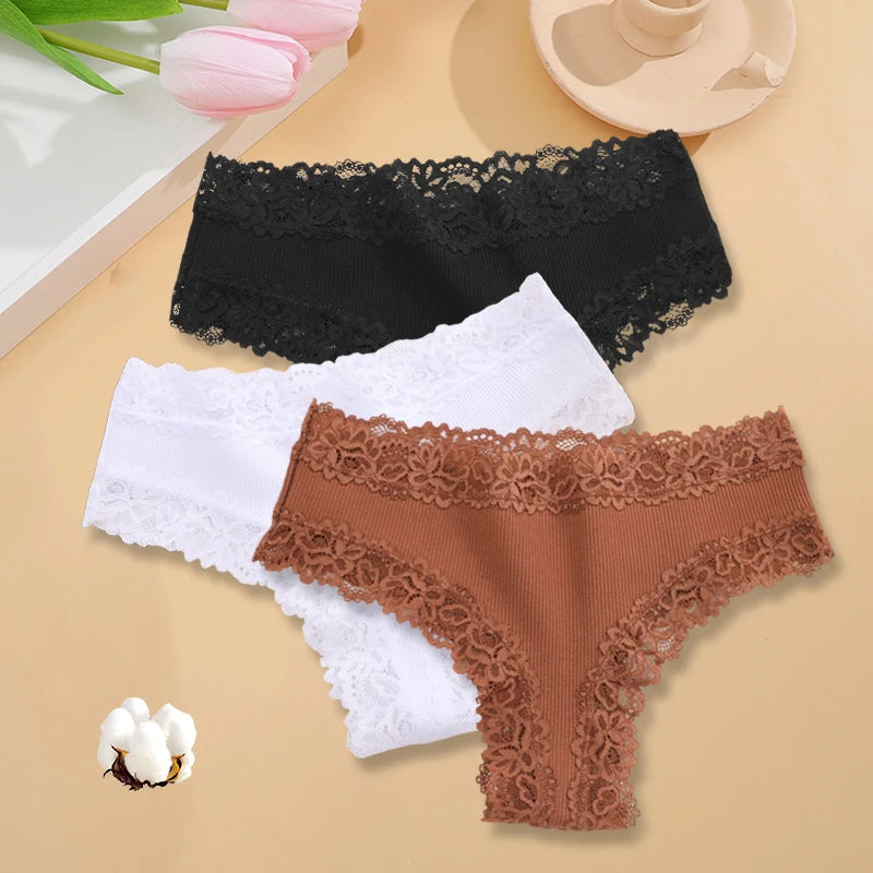 3PCS/Set Women Cotton Seamless Panties Sexy Lace Brazilian Panties Low Rise Soft Breathable Lingerie for Female G-String Briefs Set 14 3pcs