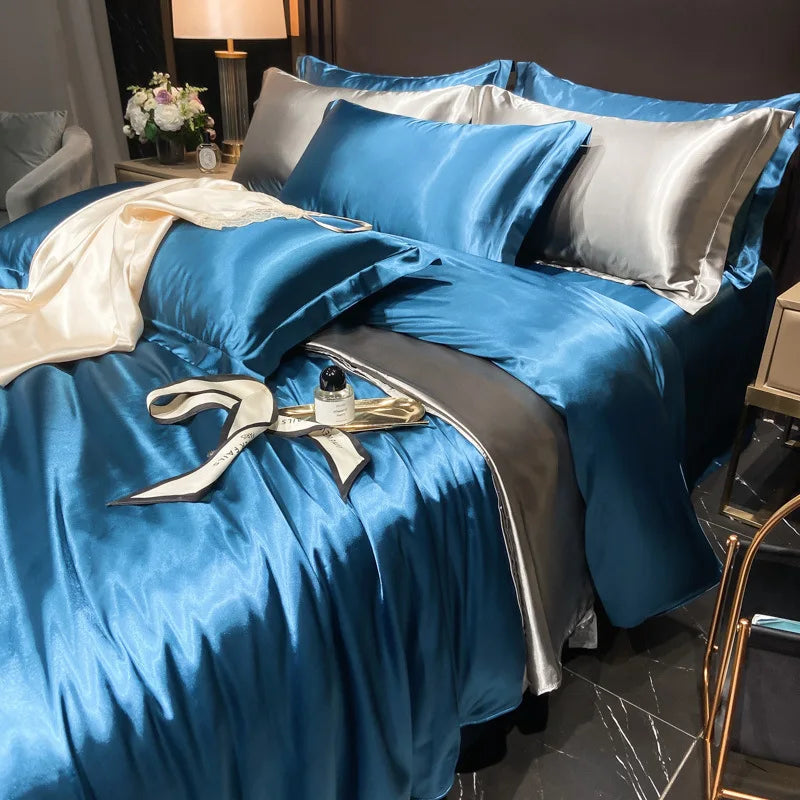 100% Mulberry Silk Bedding Set, 4pcs Duvet, Sheets, Pillowcases, King/Queen/Twin blue white