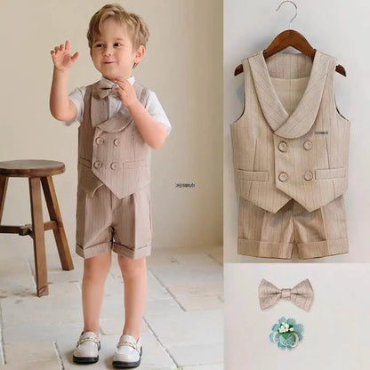 Children's Luxurious Khaki Photography Suit | Boys Formal Ceremony Costume for Birthdays, Weddings, and Performances VEST SHORT