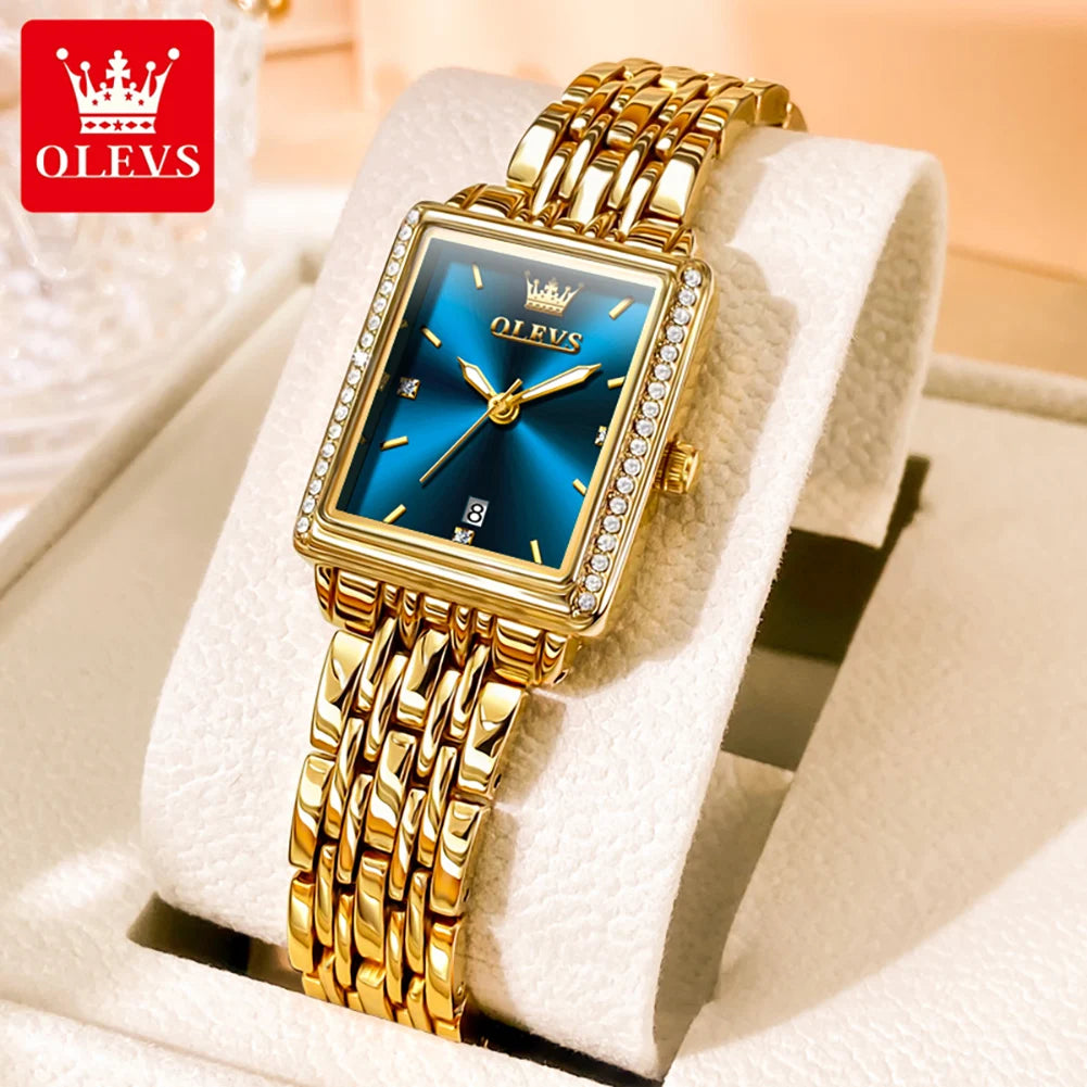 OLEVS 9995 Women's Luxury Diamond Wristwatch | Elegant Stainless Steel Square Watch with Waterproof and Luminous Features Blue