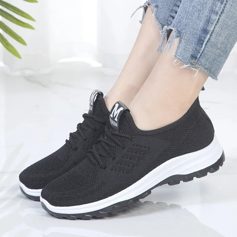 2023 Women's Mesh Vulcanized Sneakers | Lightweight Spring Casual Flats | Comfortable Knitted Lace-Up Shoes