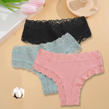 3PCS/Set Women Cotton Seamless Panties Sexy Lace Brazilian Panties Low Rise Soft Breathable Lingerie for Female G-String Briefs Set 10 3pcs