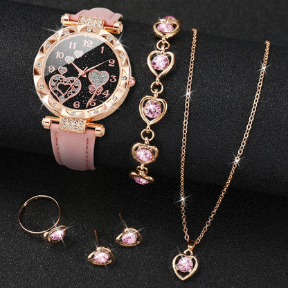 5-Piece Rhinestone Heart Women’s Watch & Jewelry Set - Leather Band Quartz Watch pink 5pcs set