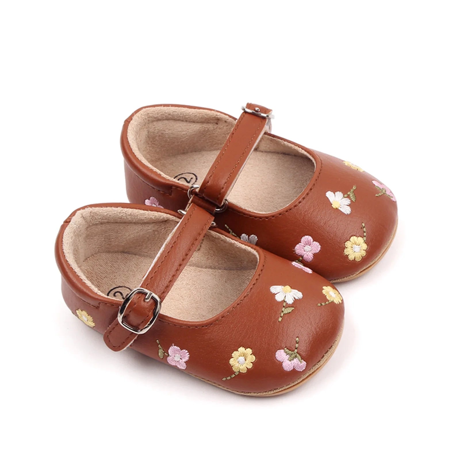 Baby Girls Mary Jane Flats PU Leather Infant Dress Shoes Floral Embroidery Princess Shoes 0-18M