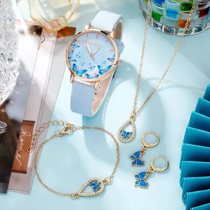 5-Piece Set: Creative Butterfly Dial Women's Quartz Watch | Leather Strap Wristwatch with Bracelet, Necklace & Earrings