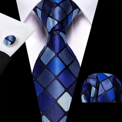 Barry.Wang Men’s Jacquard Plaid Tie Set – Navy, Pink, Black Necktie with Handkerchief & Cufflinks BWN1149