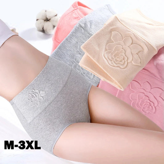 Cotton Women Panties Elastic Soft 3XL Under Panties Embossed Flower Ladies Underwear Breathable Sexy High Waist Briefs Lingerie