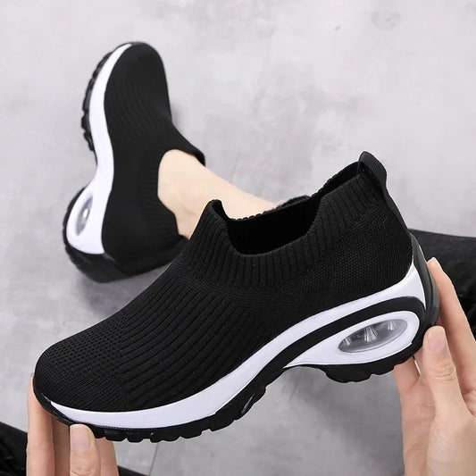 Women's Fashion Wedge Platform Sneakers - Casual Air Cushion Sport Shoes for Ladies black