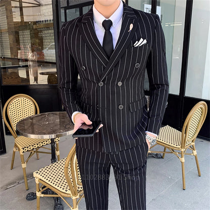 2024 Men's Slim Fit Vertical Stripe Double-Breasted Suit Set for Weddings Black stripe