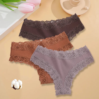 3PCS/Set Women Cotton Seamless Panties Sexy Lace Brazilian Panties Low Rise Soft Breathable Lingerie for Female G-String Briefs Set 11 3pcs