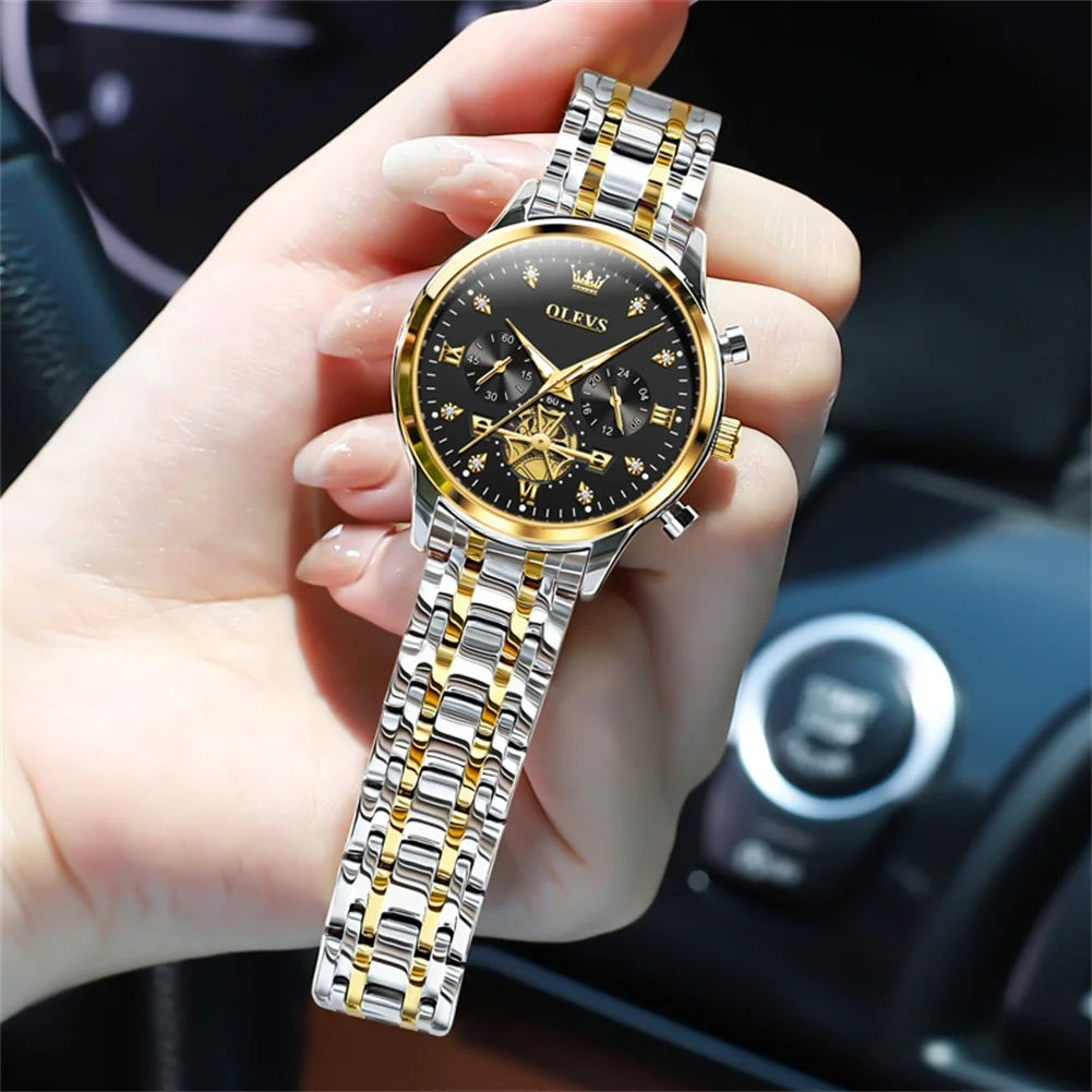 OLEVS Women's Elegant Fashion Quartz Watch | Multifunction Chronograph, Waterproof, Luminous Wristwatch Gold Black CHINA