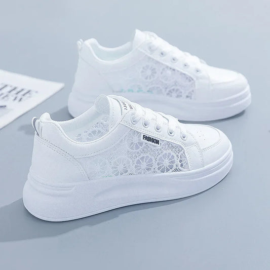 Women's Summer 2023 Fashion Casual White Sneakers | Breathable Mesh Platform Flats with Lace Detail lemon