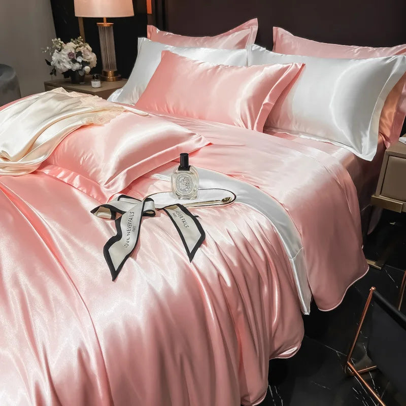 100% Mulberry Silk Bedding Set, 4pcs Duvet, Sheets, Pillowcases, King/Queen/Twin rose gold