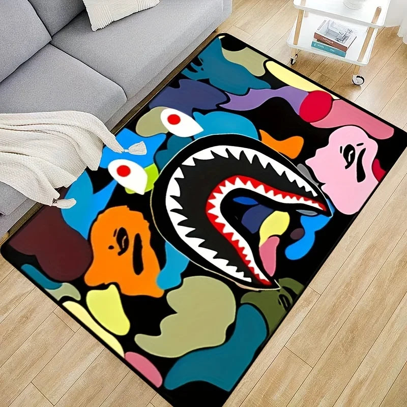 Camo Shark Face Area Rug | Non-Slip Washable Carpet for Kitchen, Living Room, Bathroom & Bedroom