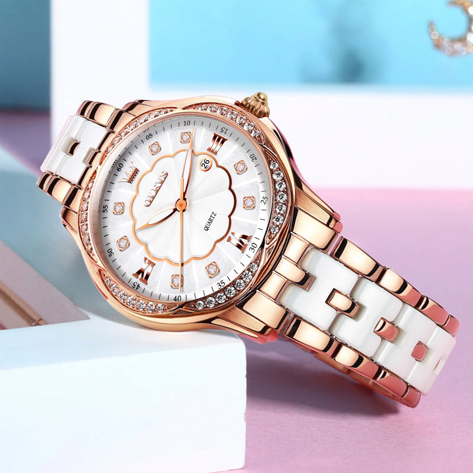 OLEVS Women's Ceramic Strap Watch | Elegant Rose Gold Luxury Quartz Wristwatch | Waterproof, Luminous Hands, Auto Date