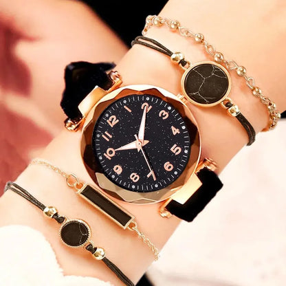 5pcs Women's Fashion Watch Set | Elegant Black Analog Wrist Watches with Bracelets XR4944-A-H35