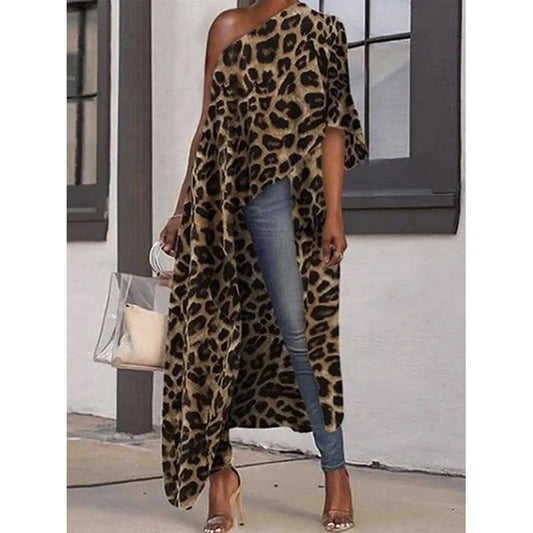 Uoozee Female Stylish Asymmetric Leopard Printed Tops 2023 Summer One-Shoulder Loose Casual T-Shirt Tops For Women