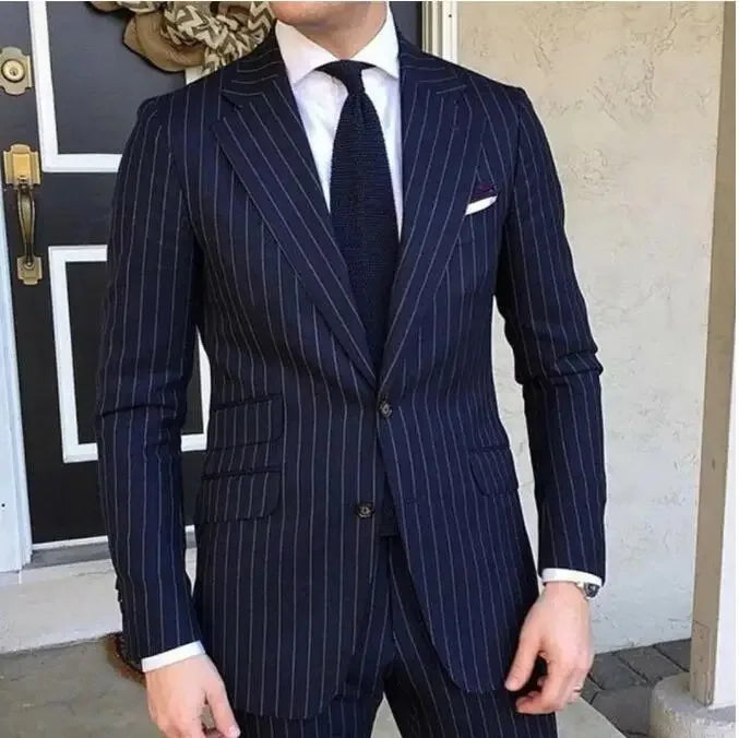 Slim Fit Striped Men's Suit 2-Piece Blazer & Pants for Wedding Groom Navy Blue