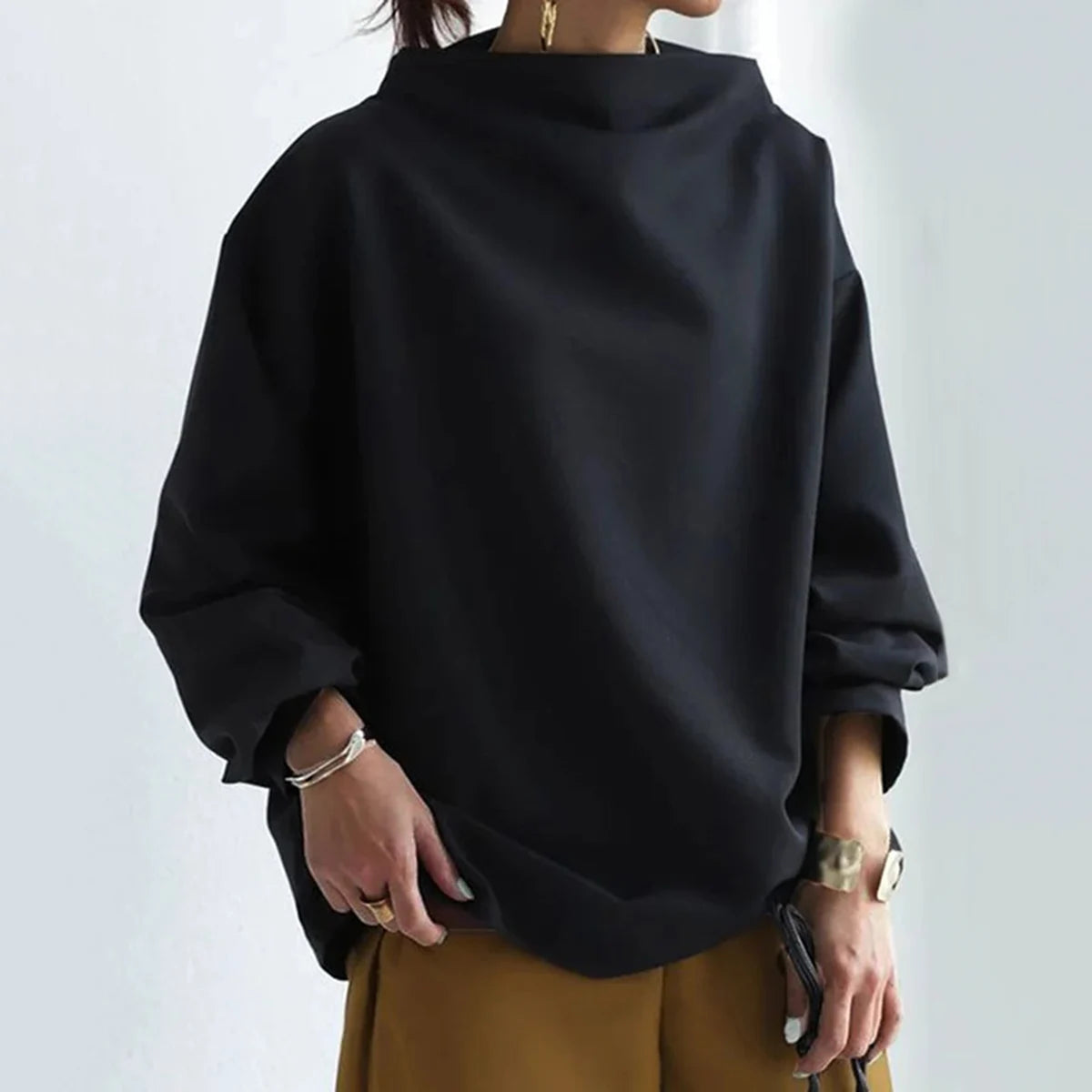 Uoozee 2024 Spring Female Tops Fashion Casual Solid Color High-Neck Long Sleeves Loose Cotton Black Shirts For Women