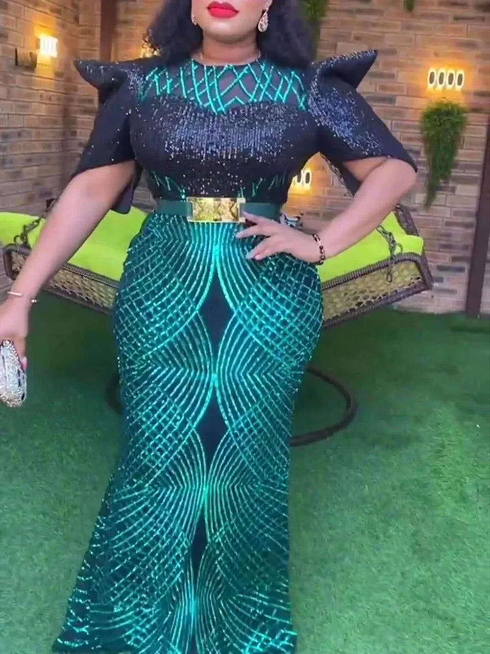 Plus Size African Party Dresses for Women Dashiki Ankara Sequin Wedding Evening Gown Sexy Bodycon Maxi Robe Africa Clothing 2024 green