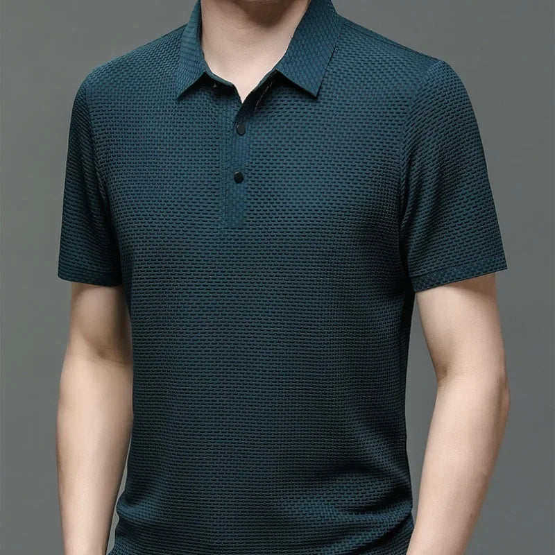 High End Embroidered Silk Knitted Hollow Polo Shirt for Men's Summer Korean Fashion Business Casual Breathable Short Sleeved Top