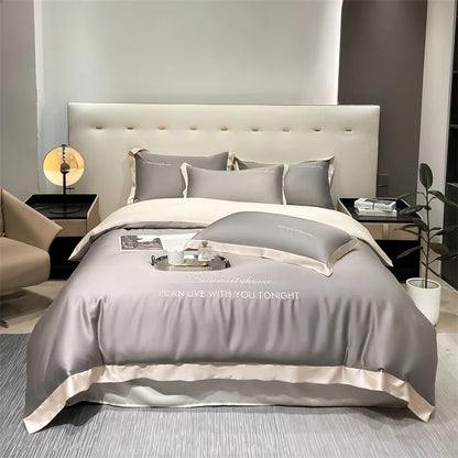 Fashion silk bed cover set for all seasons, queen size. Gray Beige 200*230cm