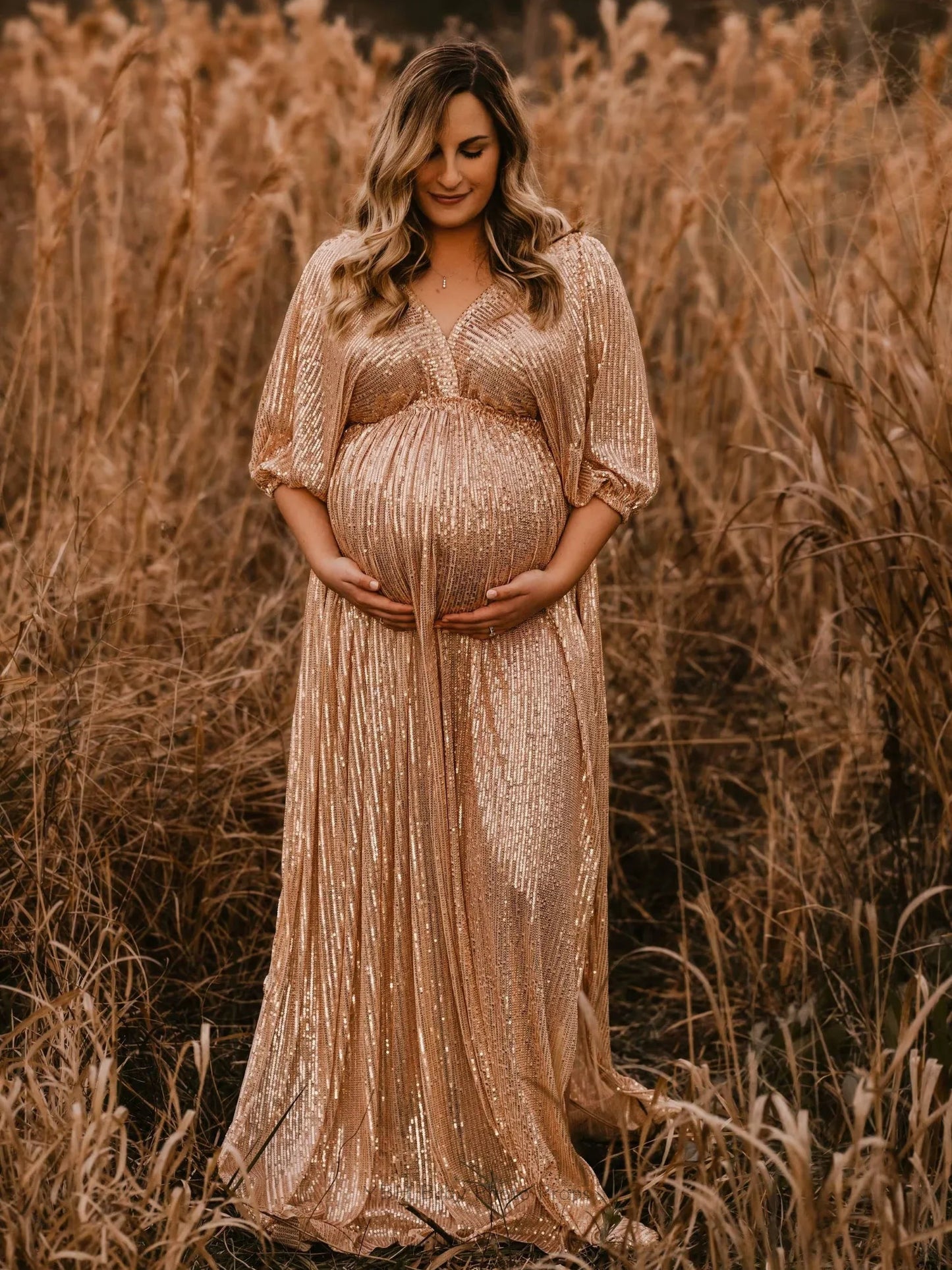 Elegant Vintage Sequin V-neck Dress for Maternity Photography Props