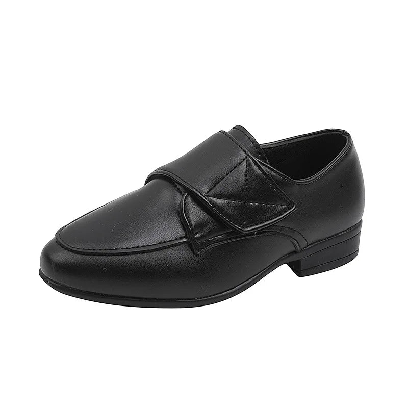 Kids Pointed Toe Leather Shoes - Hook & Loop Loafers for Boys - Wedding Party & Casual Wear black