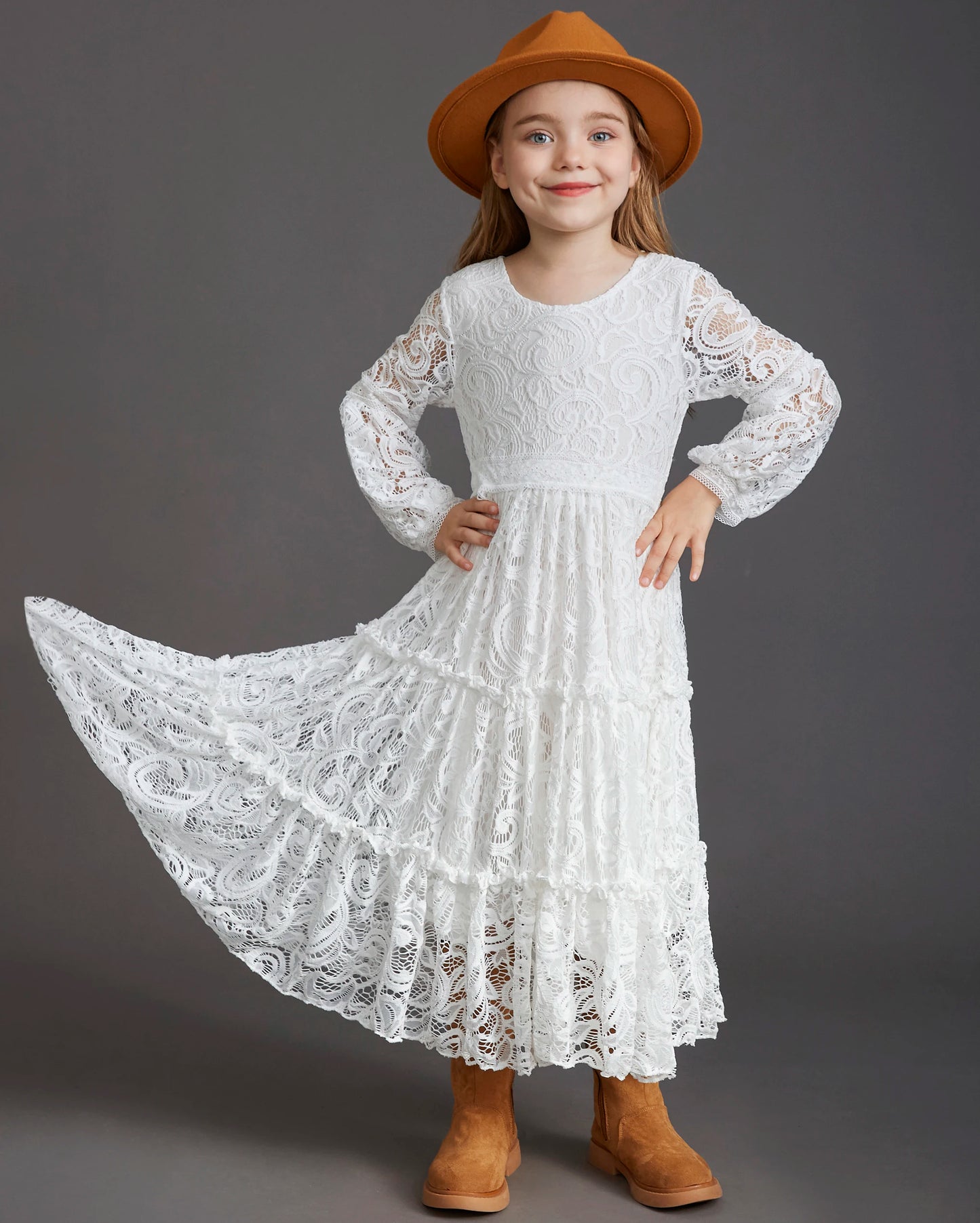 Girls Bohemian Lace Long Sleeve Dress | Elegant Pink & White Princess Party Dress for Kids (Ages 3-12)