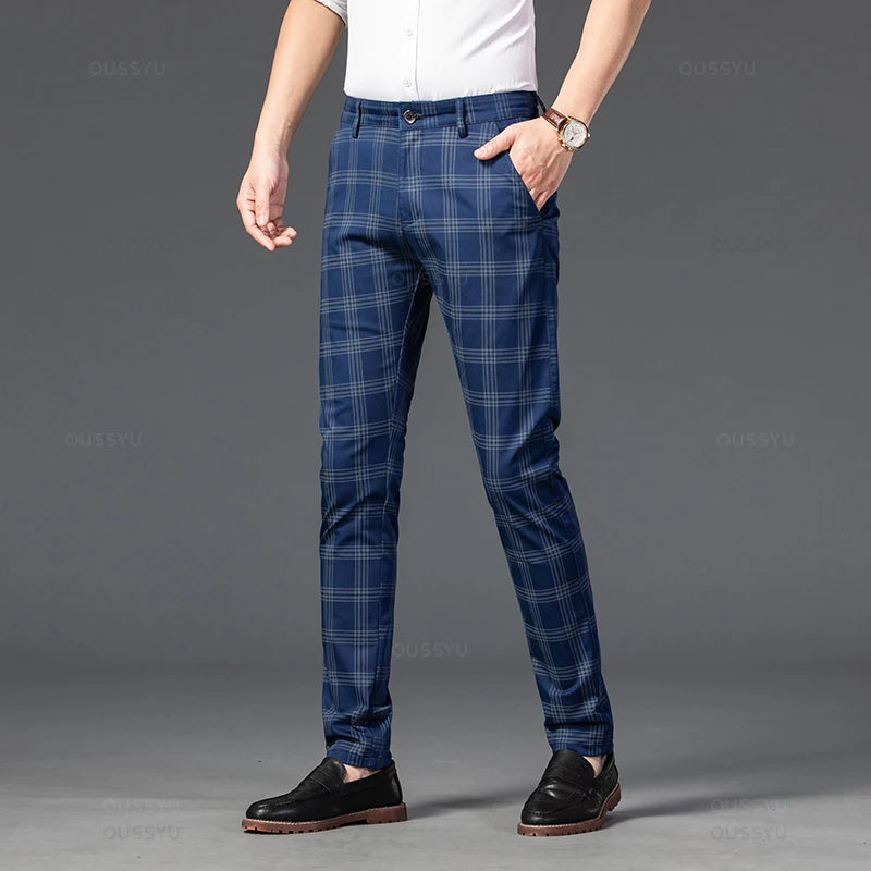 Brand Men's Stripe Plaid Casual Pants Men Four Seasons High Quality Business Trousers Men's Slim Dark gray Straight Pant