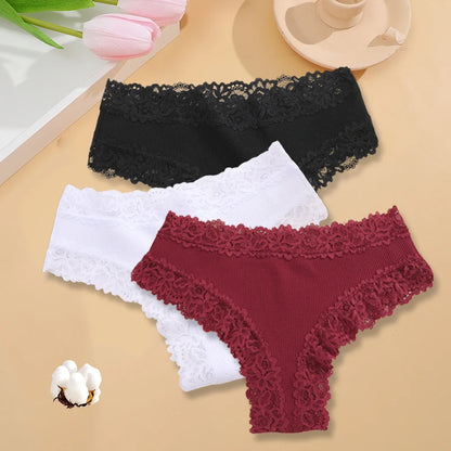 3PCS/Set Women Cotton Seamless Panties Sexy Lace Brazilian Panties Low Rise Soft Breathable Lingerie for Female G-String Briefs Set 2 3pcs