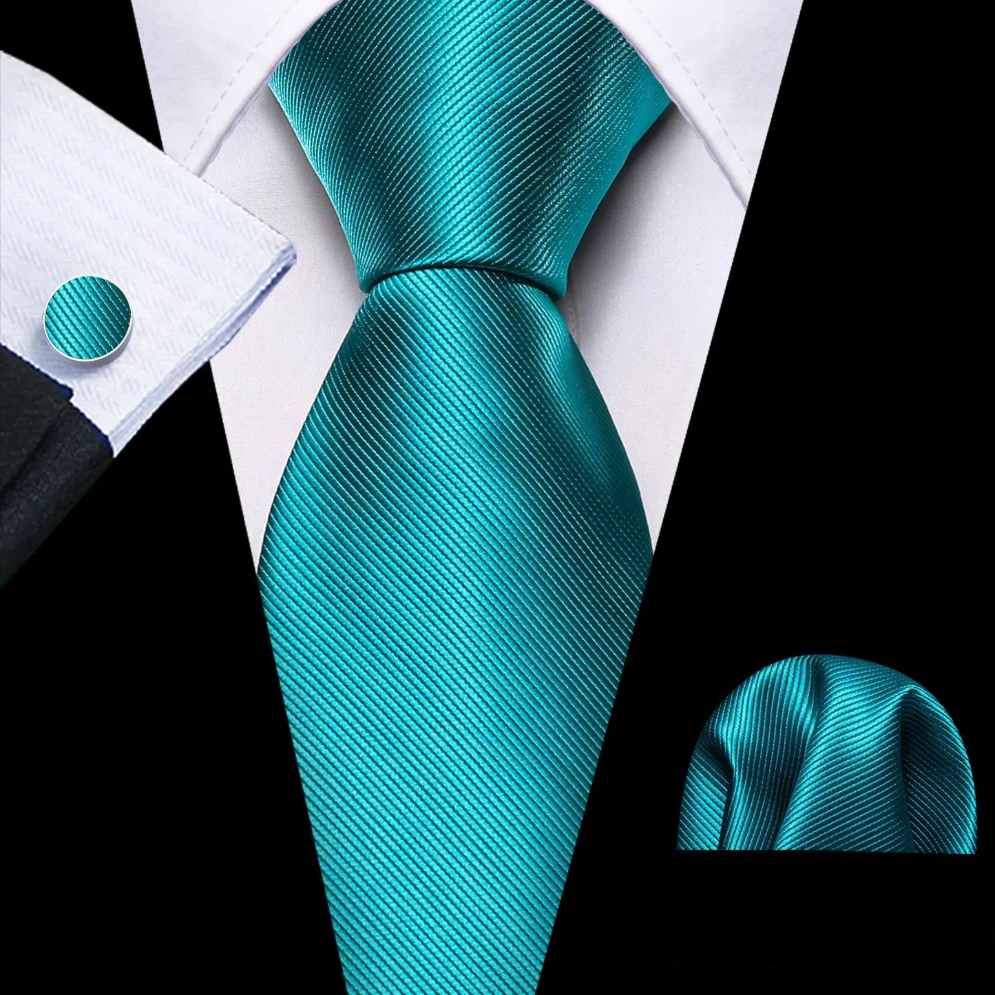 Barry.Wang Formal Men's Tie Handkerchief & Cufflinks Set – Jacquard Solid Striped Necktie in Blue, Gold, Green BWN0780