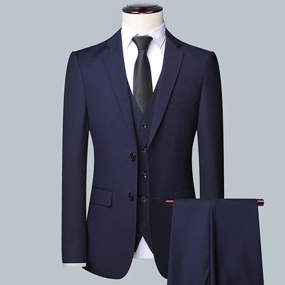 High Quality 3-Piece Suit Set for Men - Blazer, Waistcoat, and Trousers | Slim Fit Business & Interview Attire blue-3pc