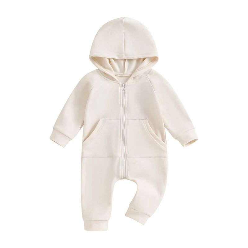 2023-10-04 Lioraitiin 0-18M Newborn Baby Boy Infant Romper Boho Long Sleeve Hooded Jumpsuit Outfits Solid Color Warm Sweatshirts Beige