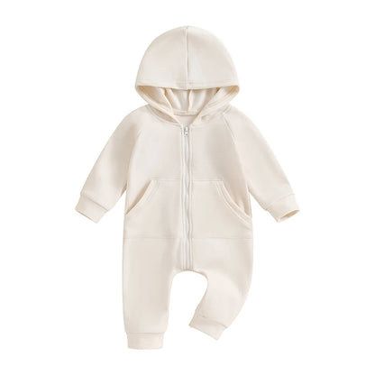 2023-10-04 Lioraitiin 0-18M Newborn Baby Boy Infant Romper Boho Long Sleeve Hooded Jumpsuit Outfits Solid Color Warm Sweatshirts Beige