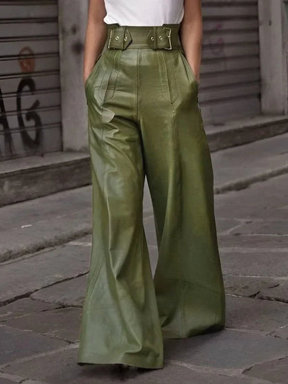 Yeezzi Solid Color PU High Waisted Wide Leg Pants Women 2024 New Autumn Fashion Pockets Loose Pleated Urban Office Trousers DEEP GREEN