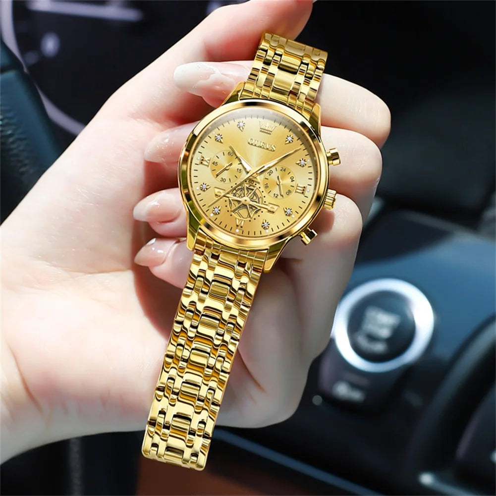 OLEVS Women's Elegant Fashion Quartz Watch | Multifunction Chronograph, Waterproof, Luminous Wristwatch All Gold CHINA