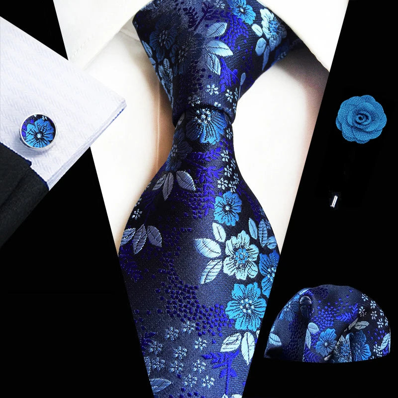 Floral Pink Silk Tie Set for Men – Wedding & Party Neck Tie with Handkerchief, Brooch, and Cufflinks