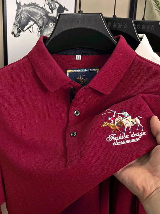 2024High end Brand 100%Cotton POLO Shirt Men's Autumn New Exquisite Horse Embroid Long sleeve T-shirt Leisure Fashion Men's Wear Red Pack of 1 | CHINA