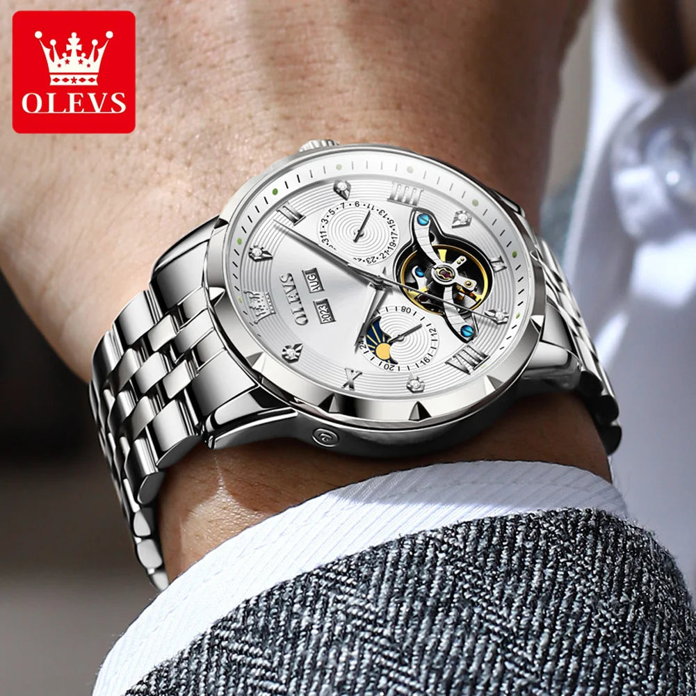 OLEVS 6691 Men's Luxury Automatic Mechanical Watch | Multi-Function Flywheel & Moon Phase | 3Bar Waterproof