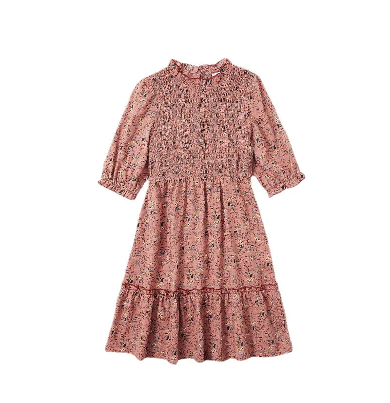 6M To 18Y Kids Baby Girls Teen Summer Dress Women Midi Dress Children Clothing Fashion Sisters Floral Baby Romper, #7001 girl 3quarter sleeve