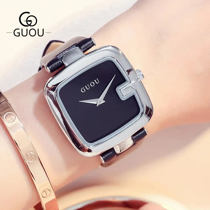 GUOU Women's Square Fashion Watch - Luxury Leather Strap Quartz Timepiece, 3Bar Water Resistant Black Silver