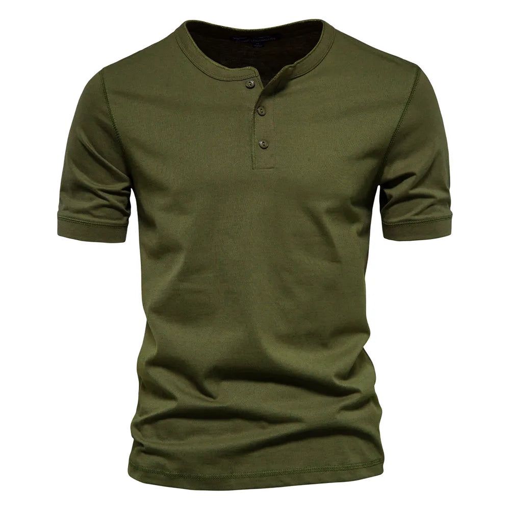 AIOPESON 100% Cotton Henley Collar T Shirt Men Casual High Quality Summer Short Sleeve Mens T Shirts Fashion Basic T-shirt Male green