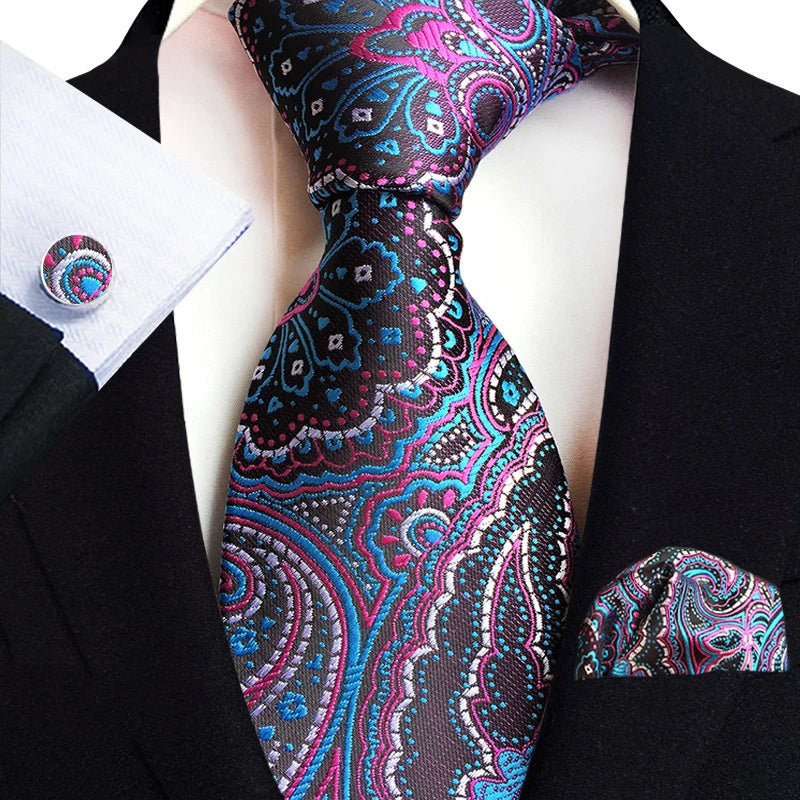 Men’s Paisley Three-Piece Suit Accessories Set – Tie, Square Scarf & Cufflinks TZ-E08