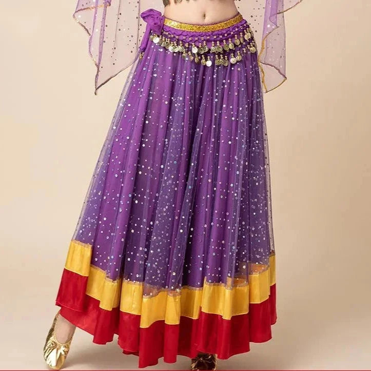 Women's Bollywood Belly Dance Costume – Large Swing Skirt Performance Outfit Purple Dress One Size