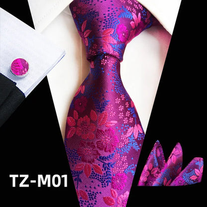 Floral Pink Silk Tie Set for Men – Wedding & Party Neck Tie with Handkerchief, Brooch, and Cufflinks TZ-M01