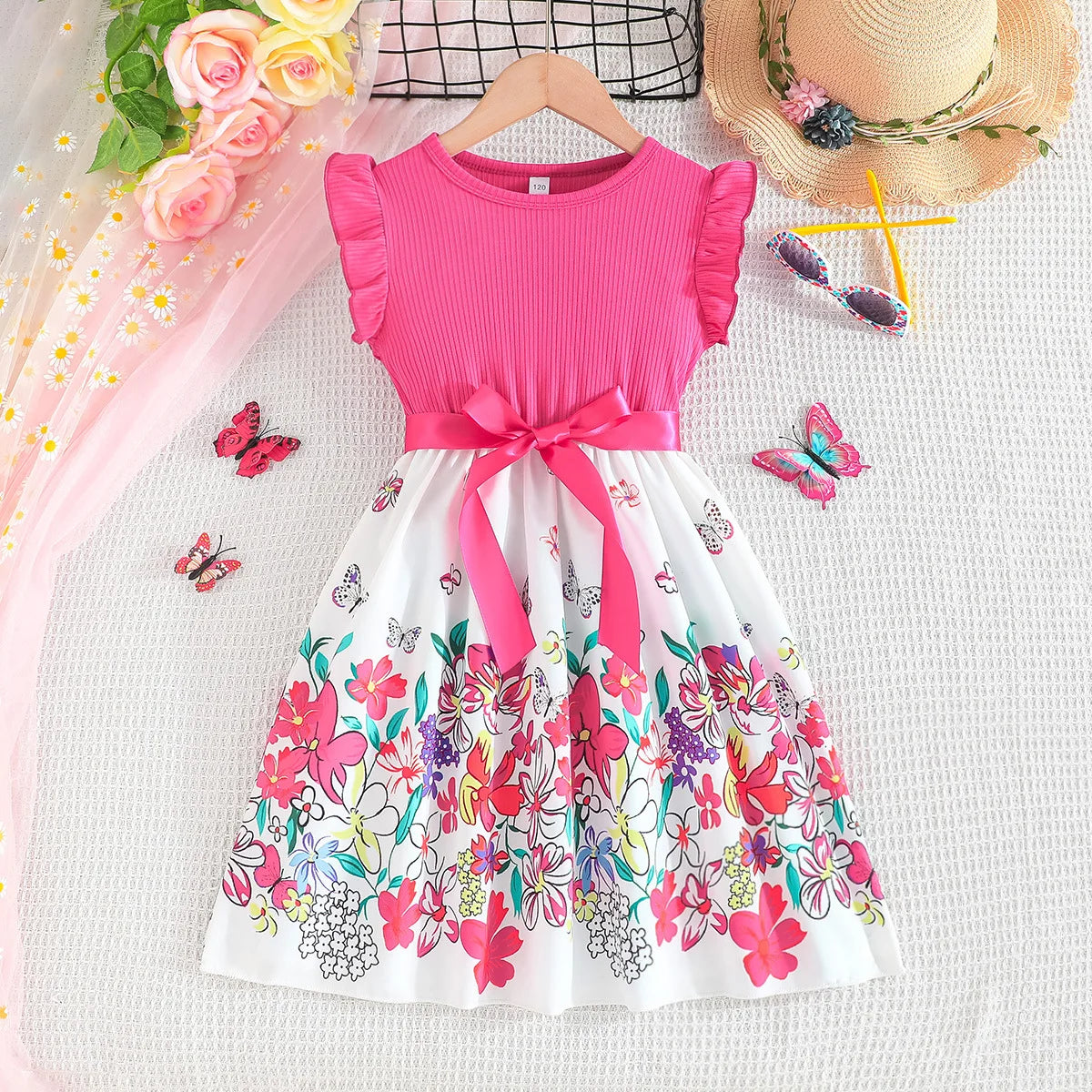 Summer Girls Floral Patchwork Dress | Fashionable Kids Ruffle Sleeveless Princess Dress with Belt Style 05