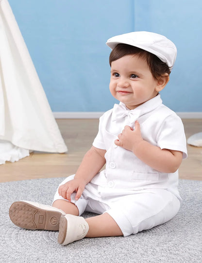 Baby Boys Christening Outfits Baptism Newborn White One-Pieces Short Sleeve Summer Clothes Shower Gift with Beret Hat