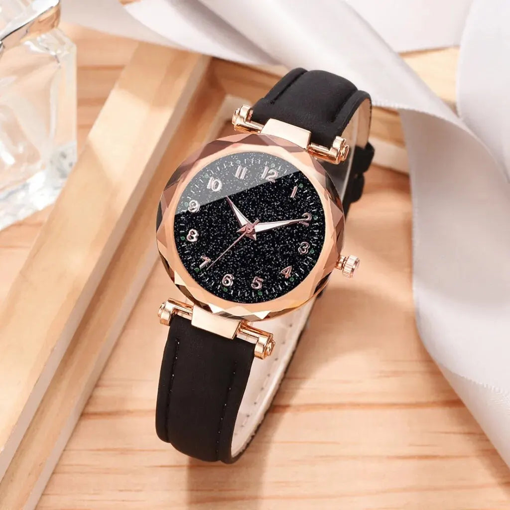 5pcs Women's Fashion Watch Set | Elegant Black Analog Wrist Watches with Bracelets