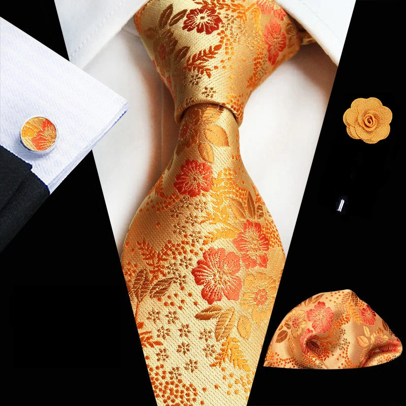 Floral Pink Silk Tie Set for Men – Wedding & Party Neck Tie with Handkerchief, Brooch, and Cufflinks TZ-MF06